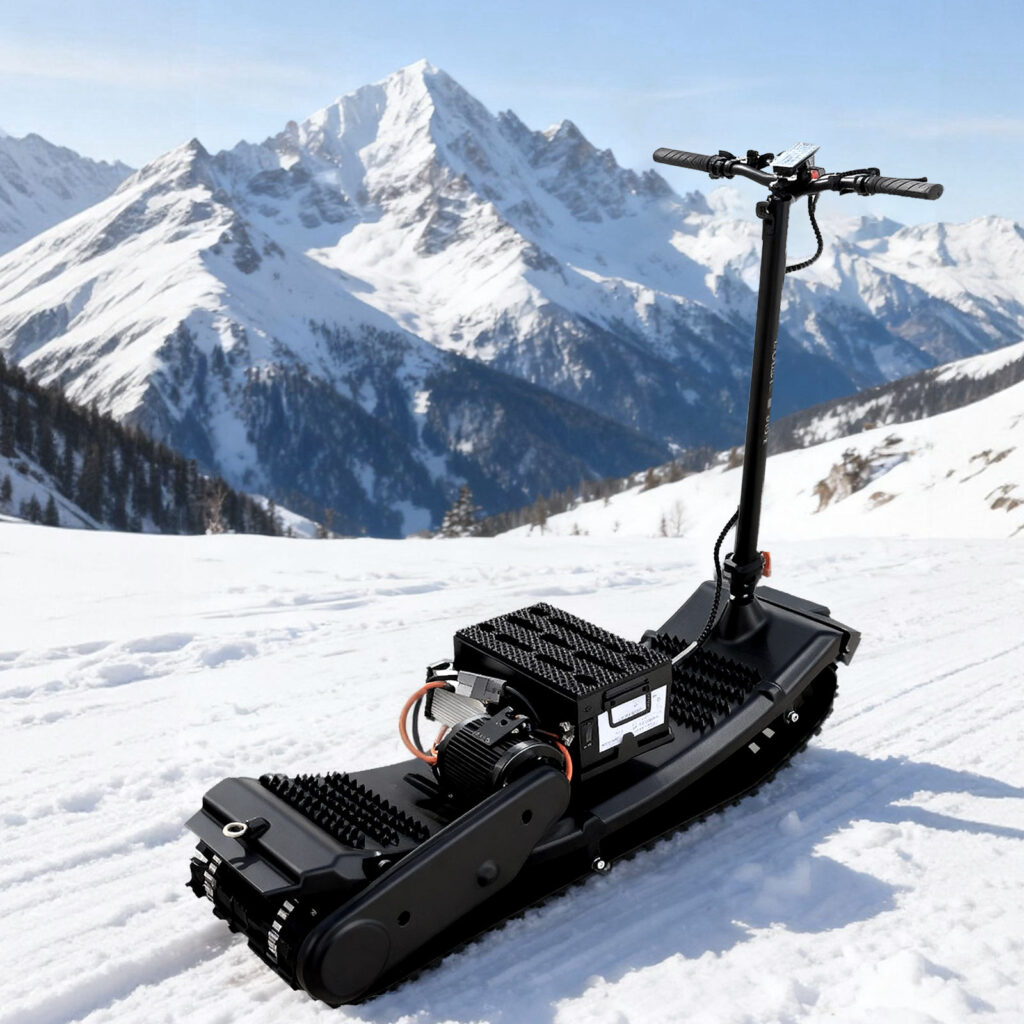 The "Grizzly Trax" (brand name) snowmobile on the snow. The snowmobile is all black.
