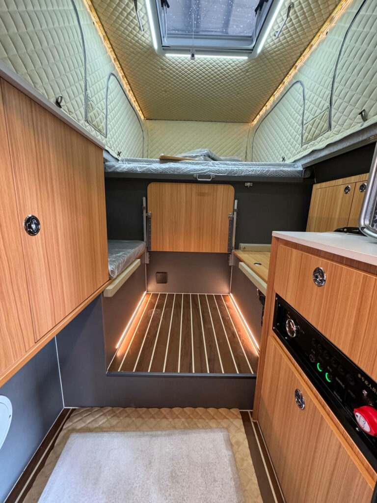 Grizzly Pod camper interior with skylight.