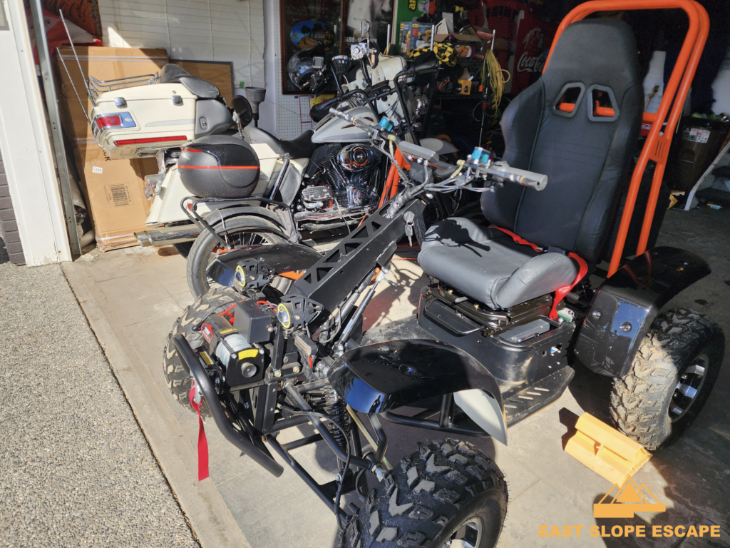 An ATV inside of a garage