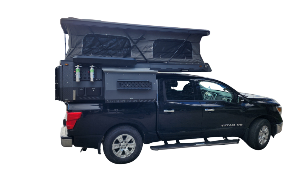 The Grizzly Pod pop-up camper on top of a Nissan Titan truck.