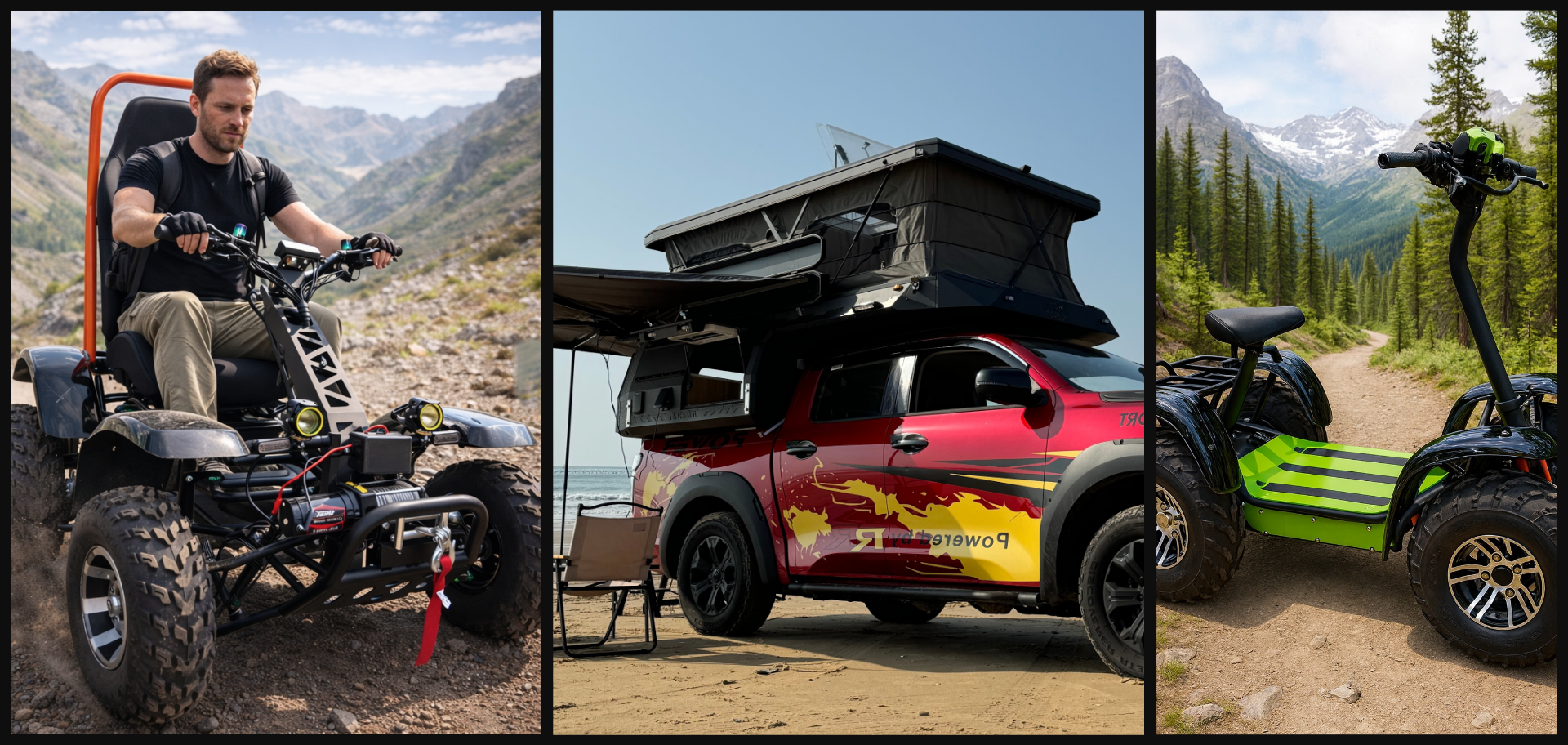 3 side-by-side images: an ATV with a man on it, a camper on the beach, and another ATV on the right hand side.